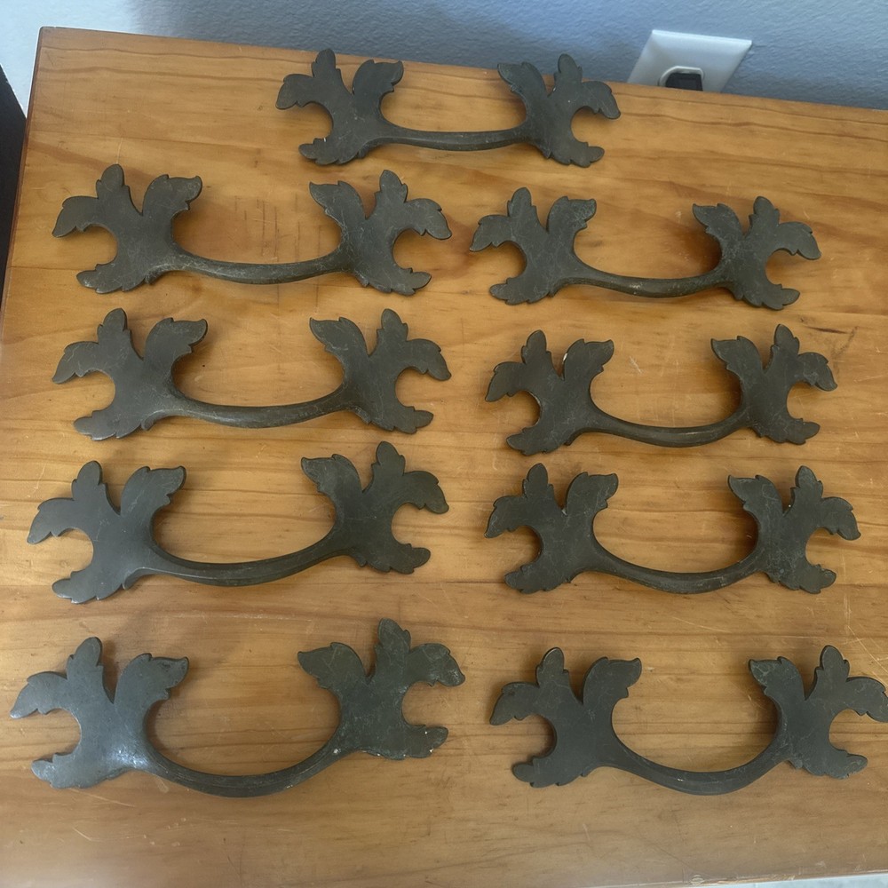 Set 9 Antique Brass Leaf Drawer Pull Handles 8” RARE