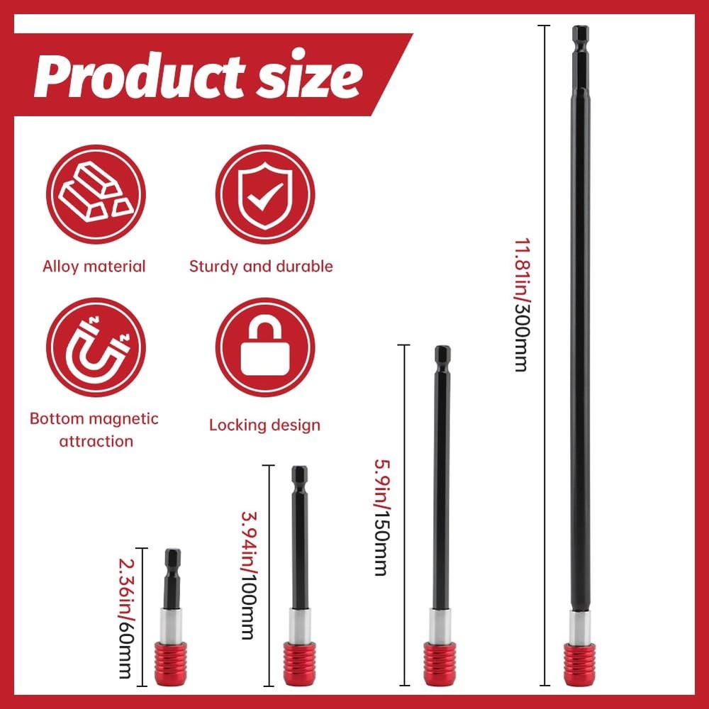 4-Piece Drill Bit Extension Set 2-12" Quick Release Double Lock Holder