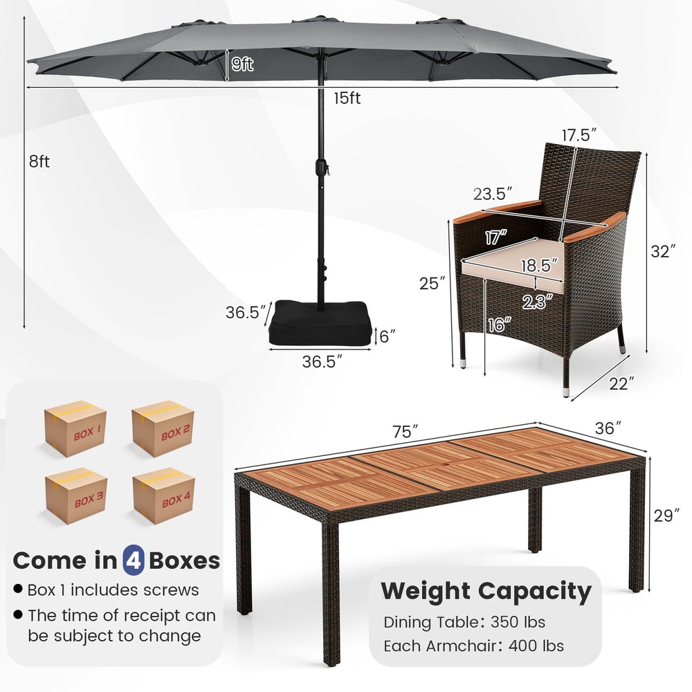 9 Piece Patio Wicker Dining Set w/ Double-Sided Patio Umbrella, Stackable Chairs