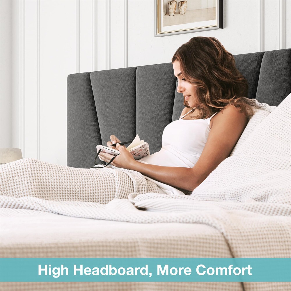 Full Size Bed Frame with Adjustable Headboard Linen Upholstered Platform Bedfram