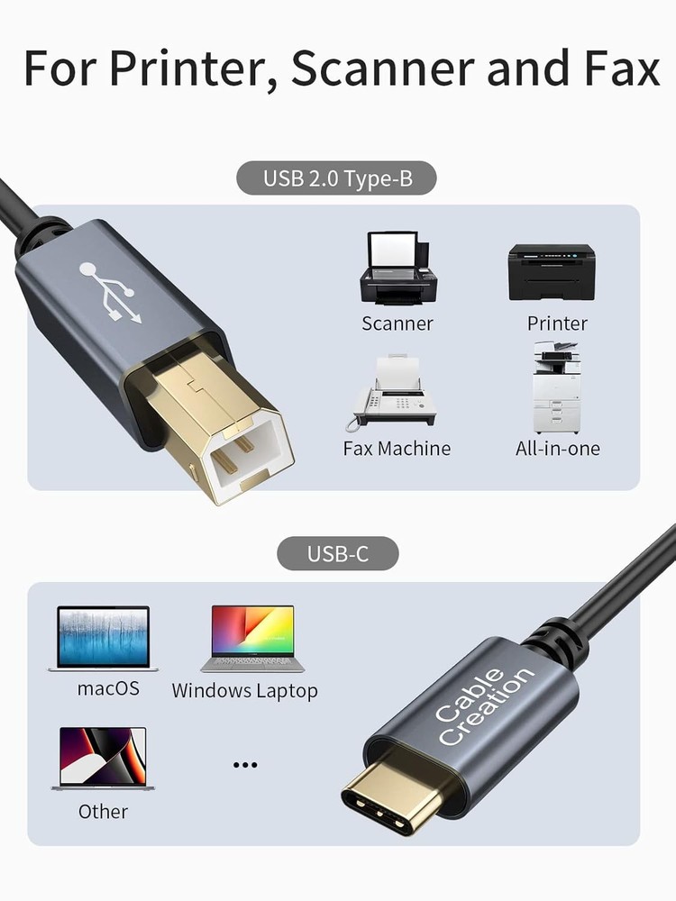 CableCreation USB B to C Printer Cable 10FT, USB-C Space Grey