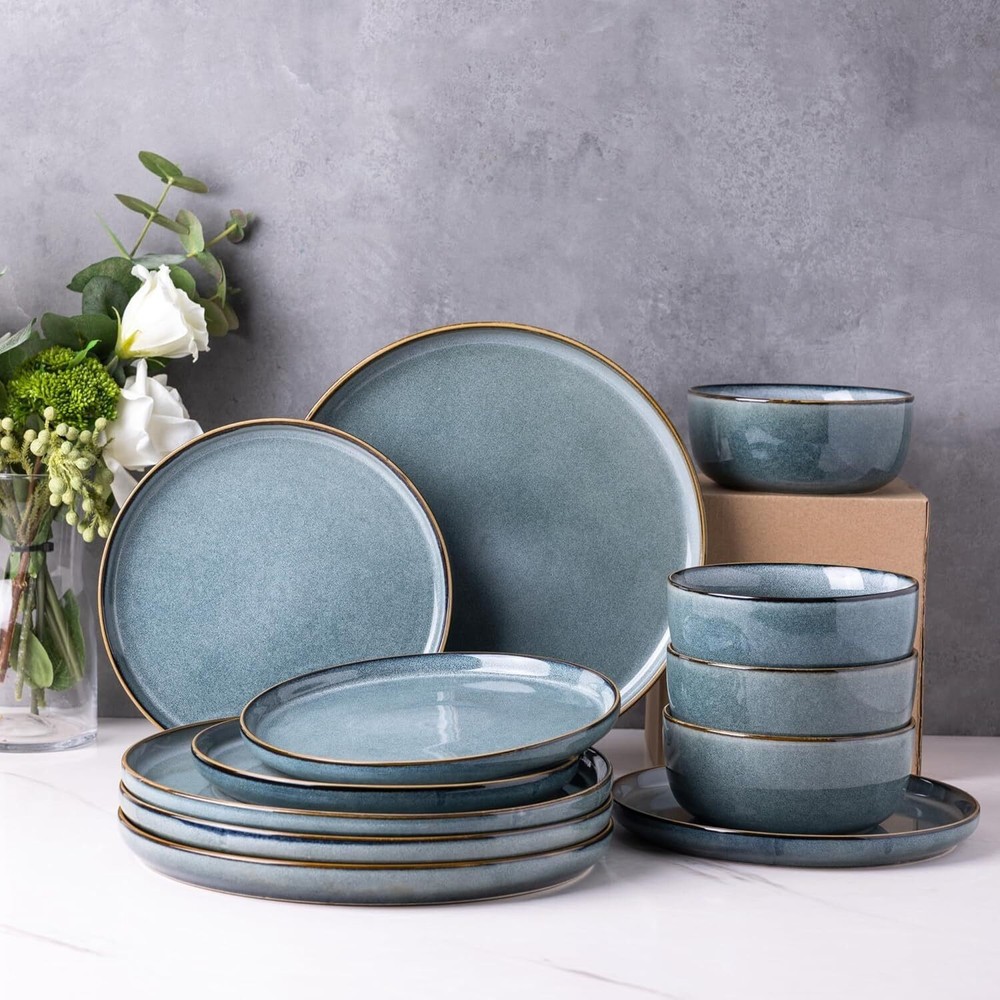 Ceramic Dinnerware Sets for 4 12 Pieces Stoneware Plates Bowls Sets Space Blue