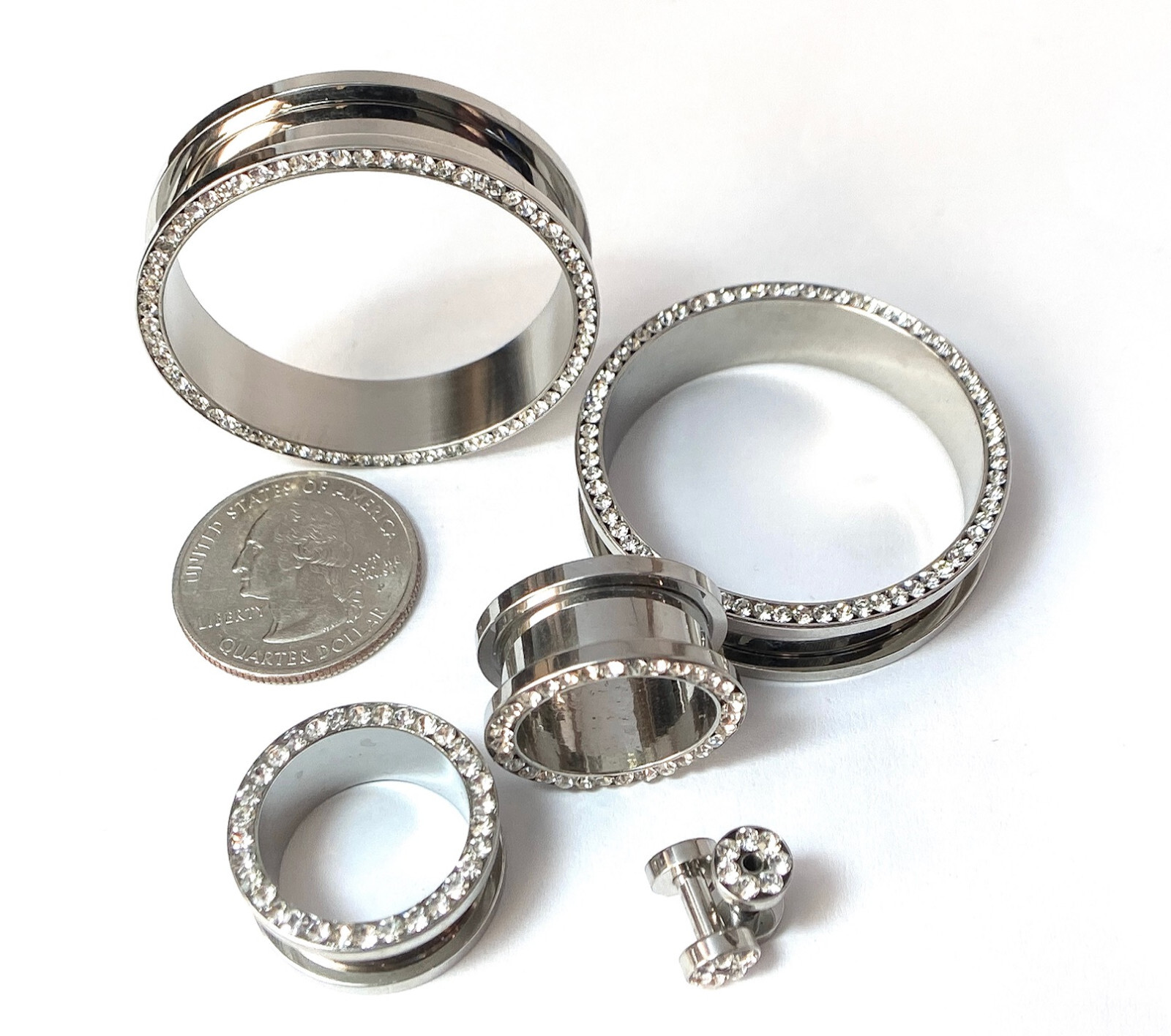 PAIR Clear CZ Gem Rimmed 316L Surgical Steel Screw Fit Tunnels Plugs Gauges