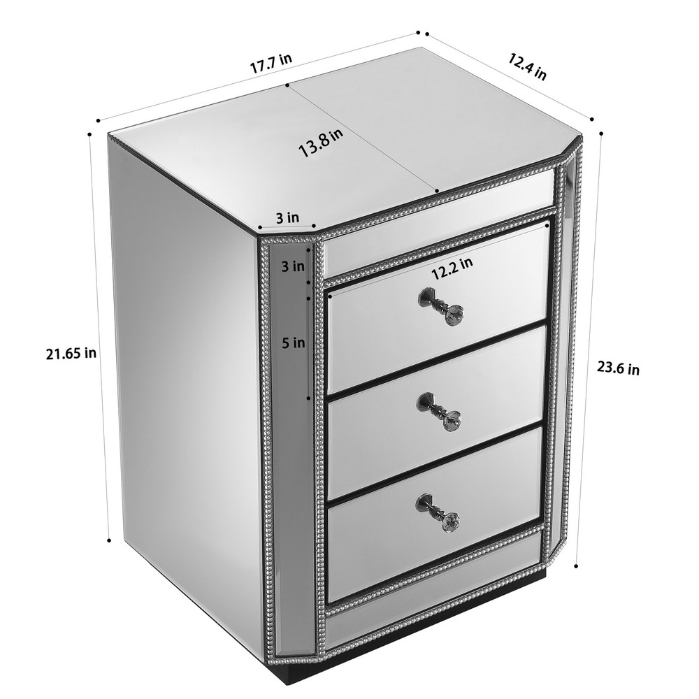 3-Drawer Mirrored Nightstand Bedside Table, Modern End Side Table