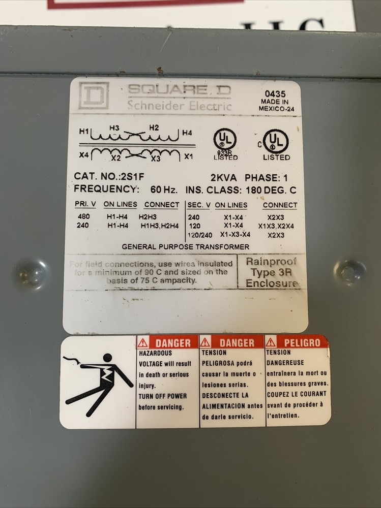 SQUARE D CAT 2S1F GENERAL PURPOSE TRANSFORMER PHASE 1 Type 3R Enclosure