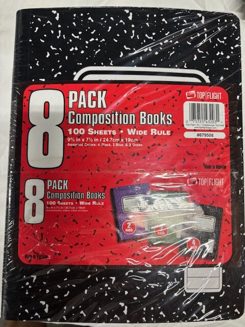 Top Flight Composition Books 8 pack Wide Rule 100 Sheets, MULTIPLE COLORS NEW