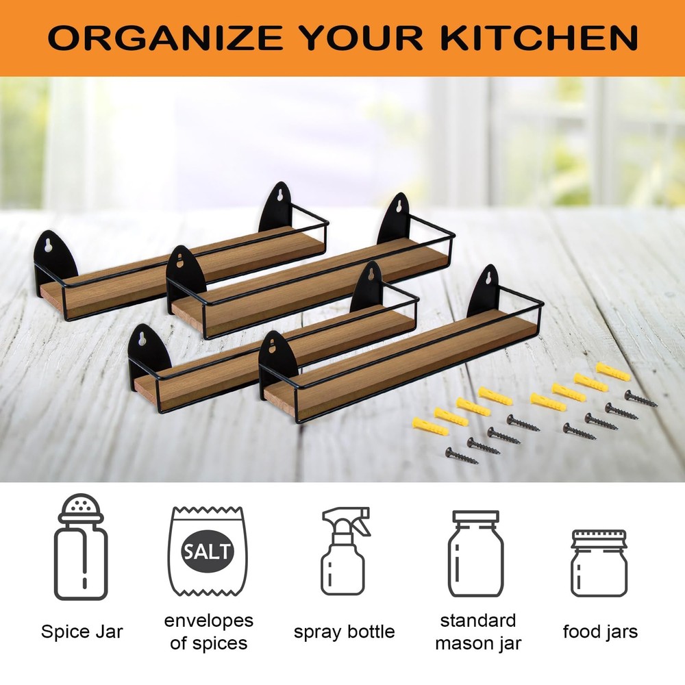 TJ.MOREE 4 Pack Wall Mounted Spice Rack Rustic Hanging Organizer