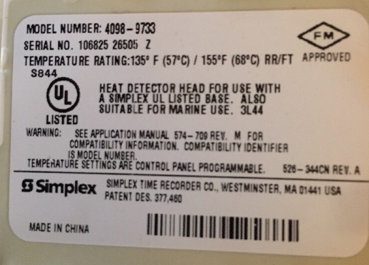 SIMPLEX 4098-9733 FIRE ALARM HEAT DETECTOR HEAD.