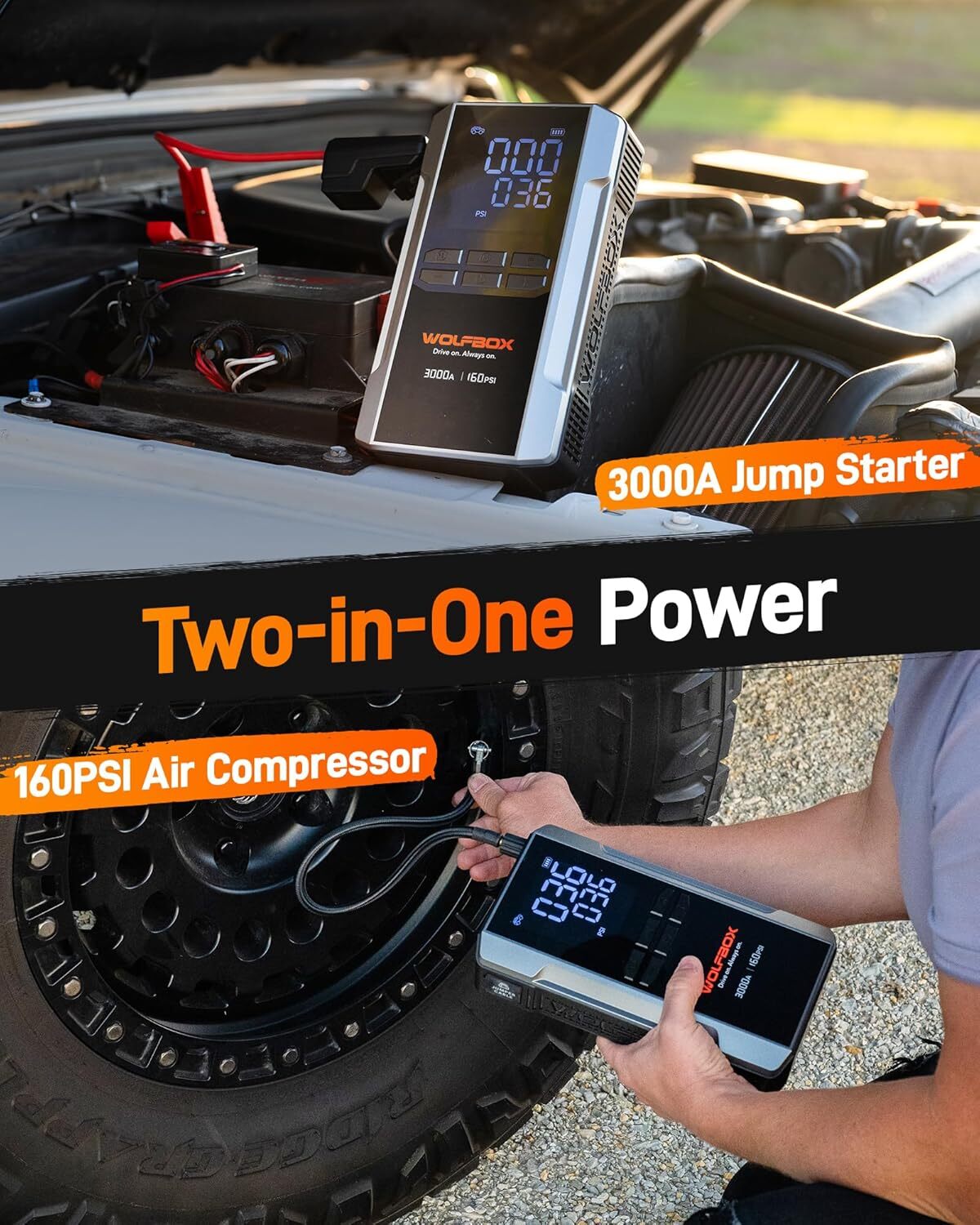 WOLFBOX Jump Starter with Air Compressor, 4000A Portable Car Battery Booster