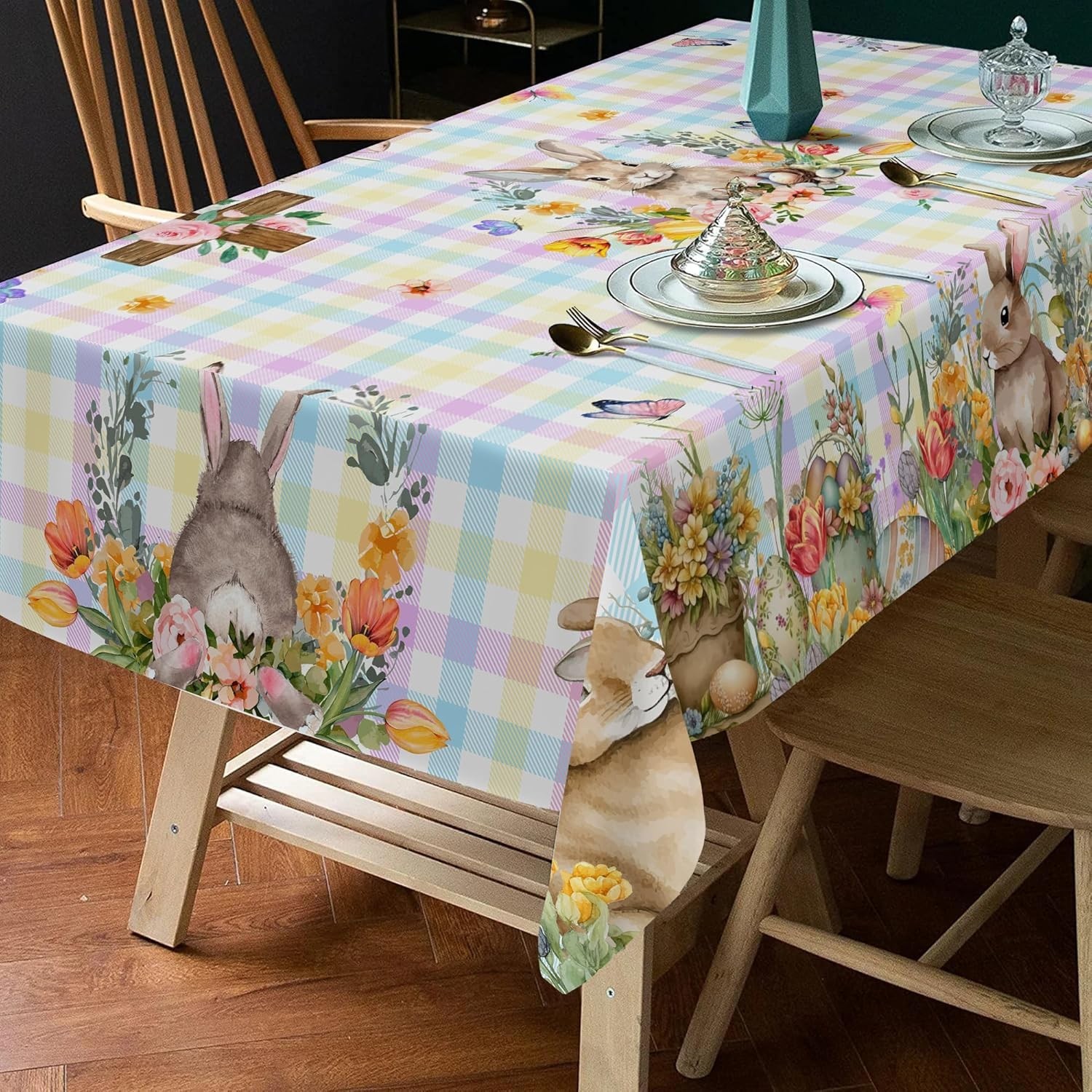 Easter Tablecloth, Easter Table Cloth Rectangle 60 X 84 with Bunny and Eggs, Buf