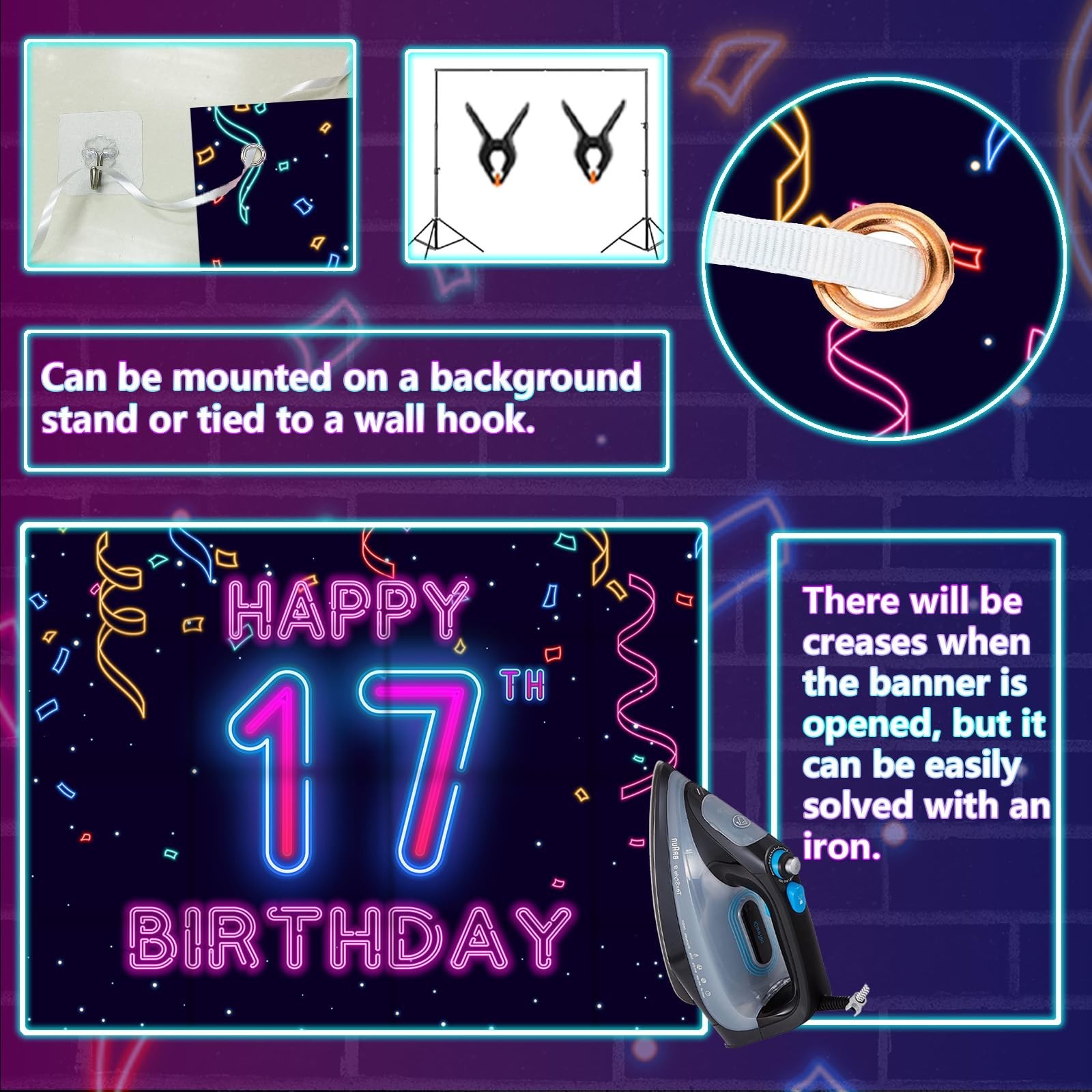 17th Neon Birthday Banner Backdrop, 17 Years Birthday Party Banner Let Glow P...