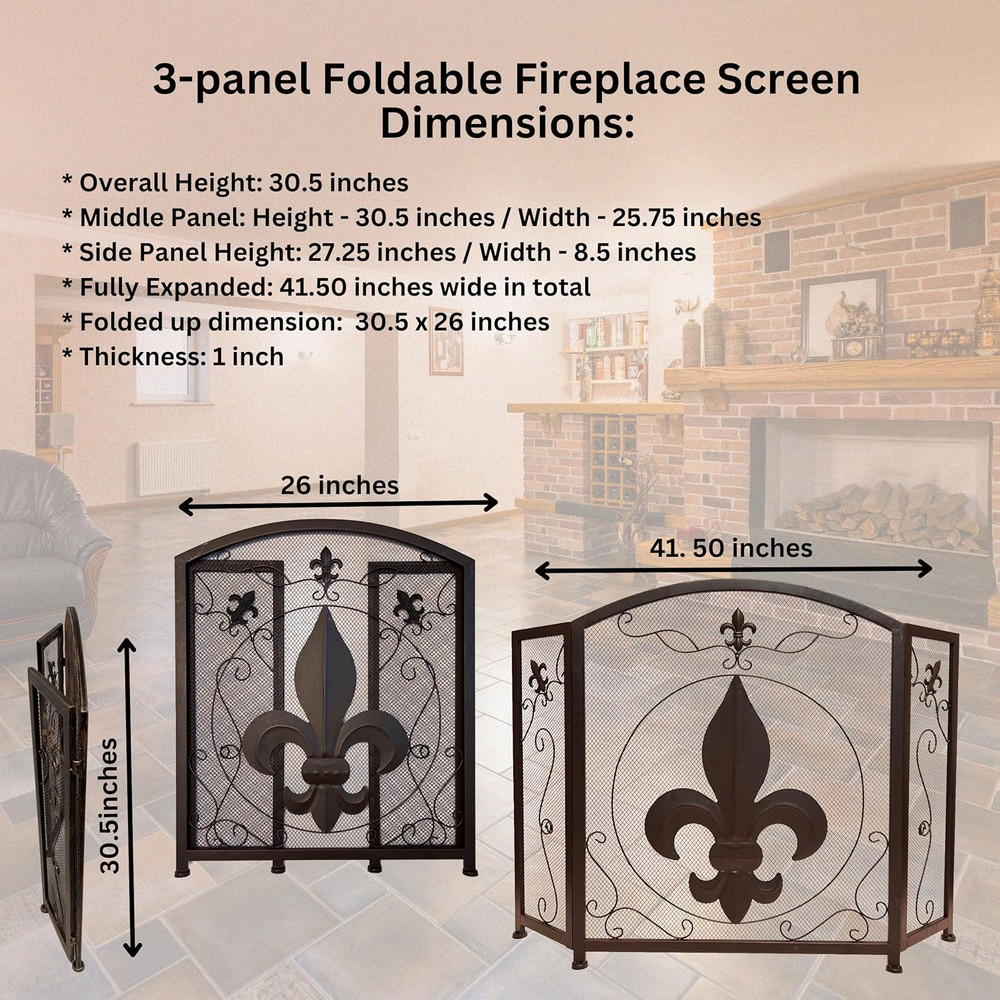 3-Panel Fireplace Screen Decorative with Fleur De Lis Design, Classic Dark Brown
