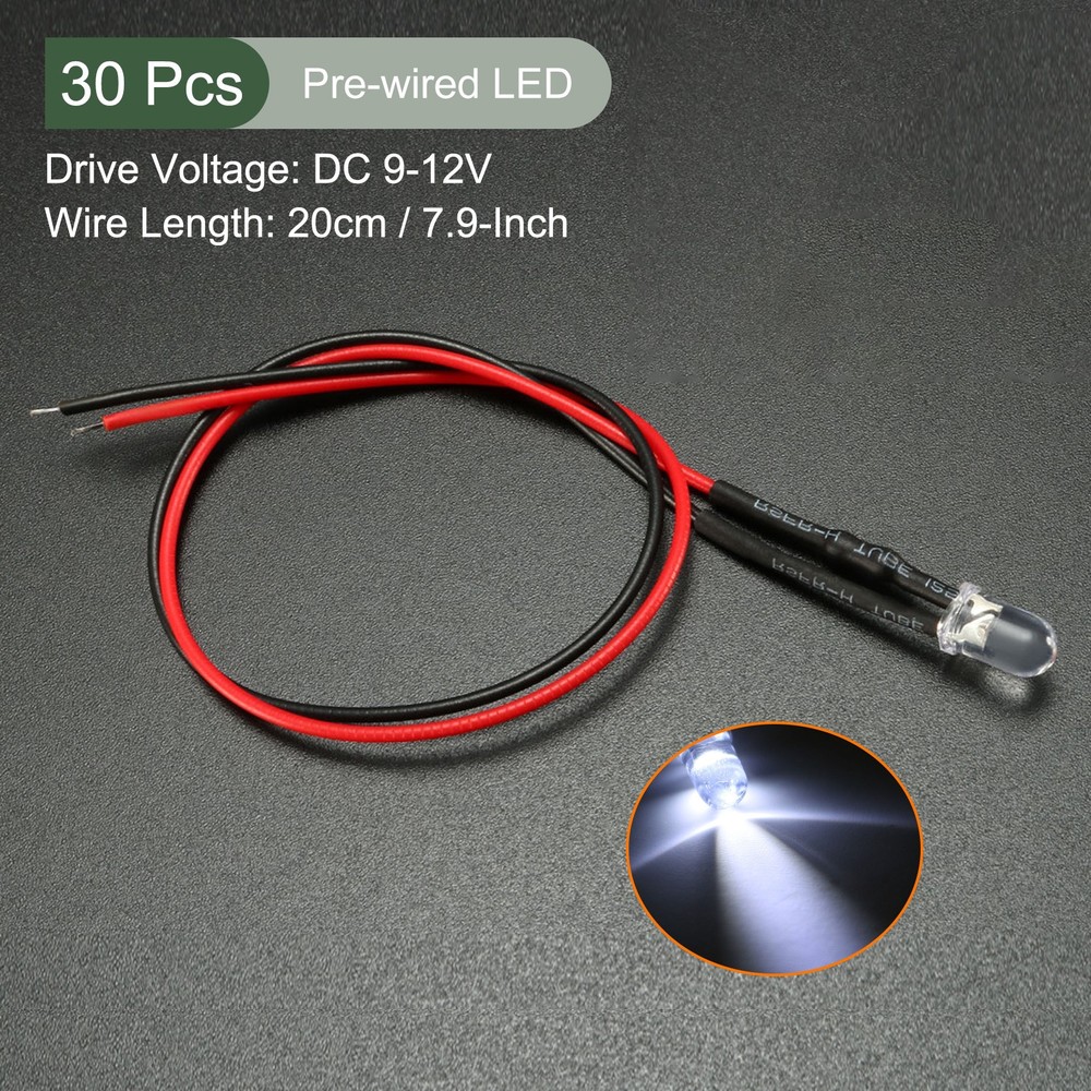 30 Pcs 5mm Pre-Wired Diffused LED Diodes Light, for DIY (White, 20mA, DC9-12V)