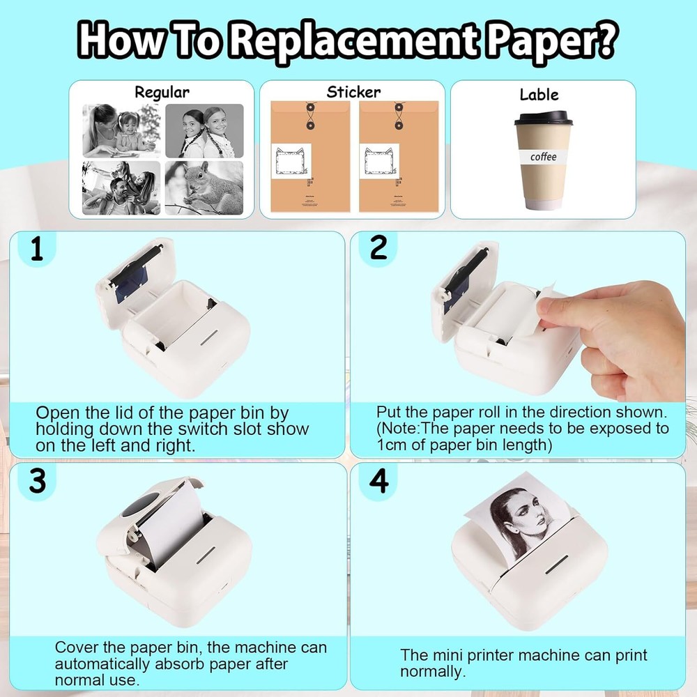 Mini Sticker Printer - Bluetooth Smart Pocket Inkless Thermal Printer w/10 Rolls