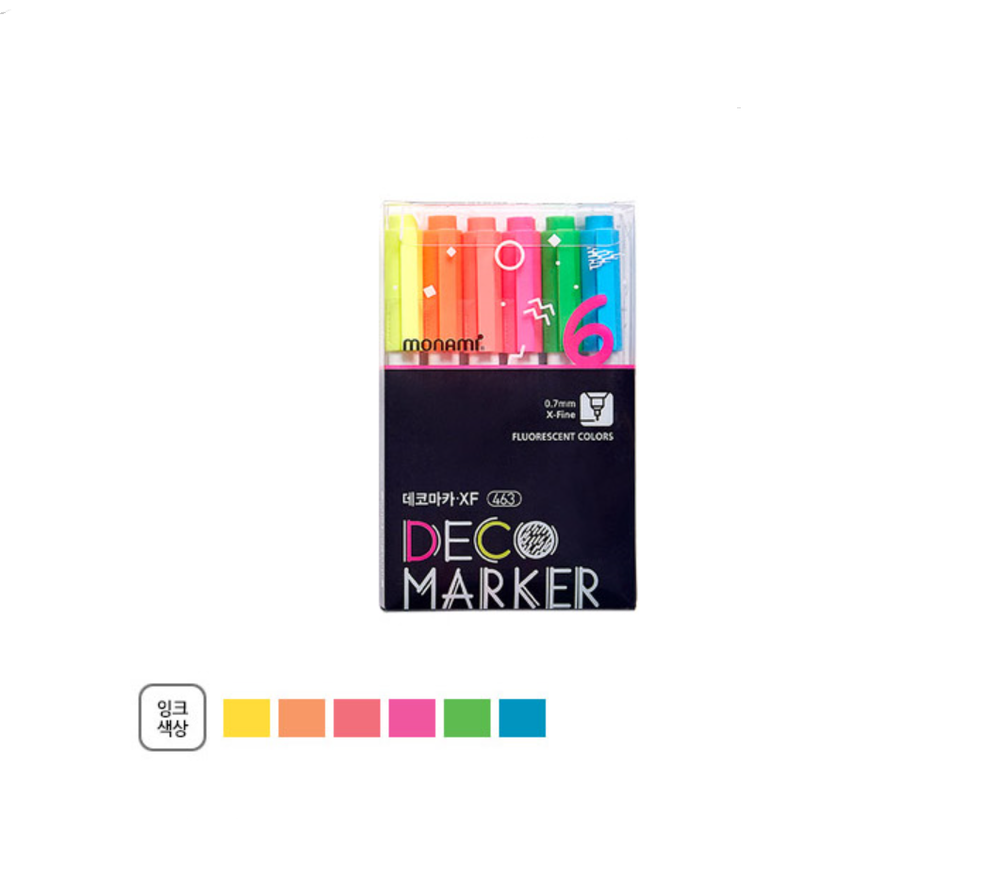 MONAMI Deco Marker 463 Water Based Marker 6pcs SET Basic / Fluorescent / Metal