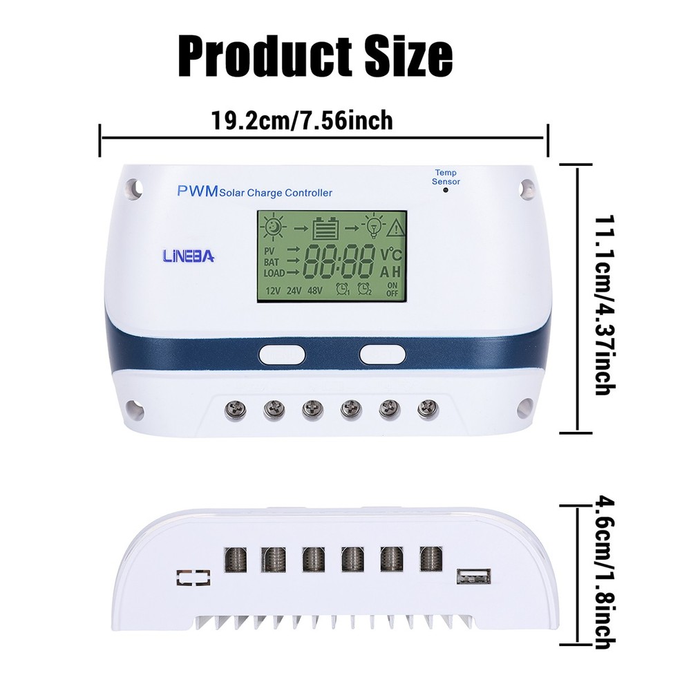 5200W Temp Sensor Solar Charge Controller USB Battery PV Regulator 100A/12V-48V