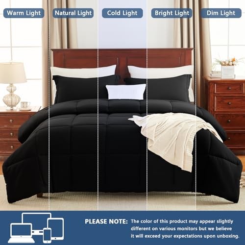 Comforter Set - 3 Pieces Box Stitched Comforters Size, Soft Bed Queen Black