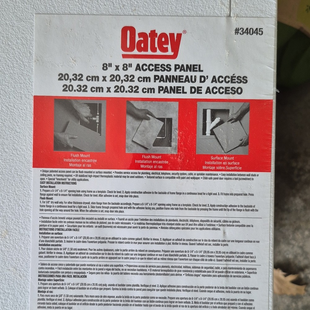 Oatey 8" x 8" White Plastic Access Panel Flush Surface Mount Square for Drywall