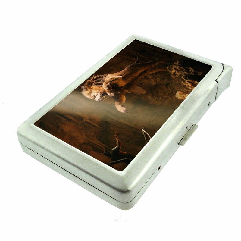 Fighting Lions D2 100's Size Cigarette Case with Built in Lighter Wallet