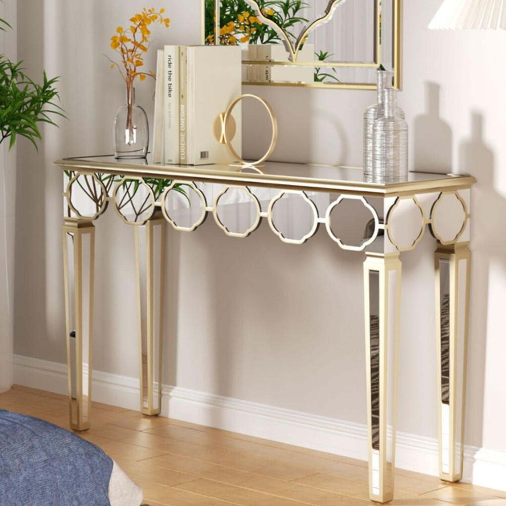Delicate Mirror Console Table Gold Trim Vanity Table with Stable Tapered Legs