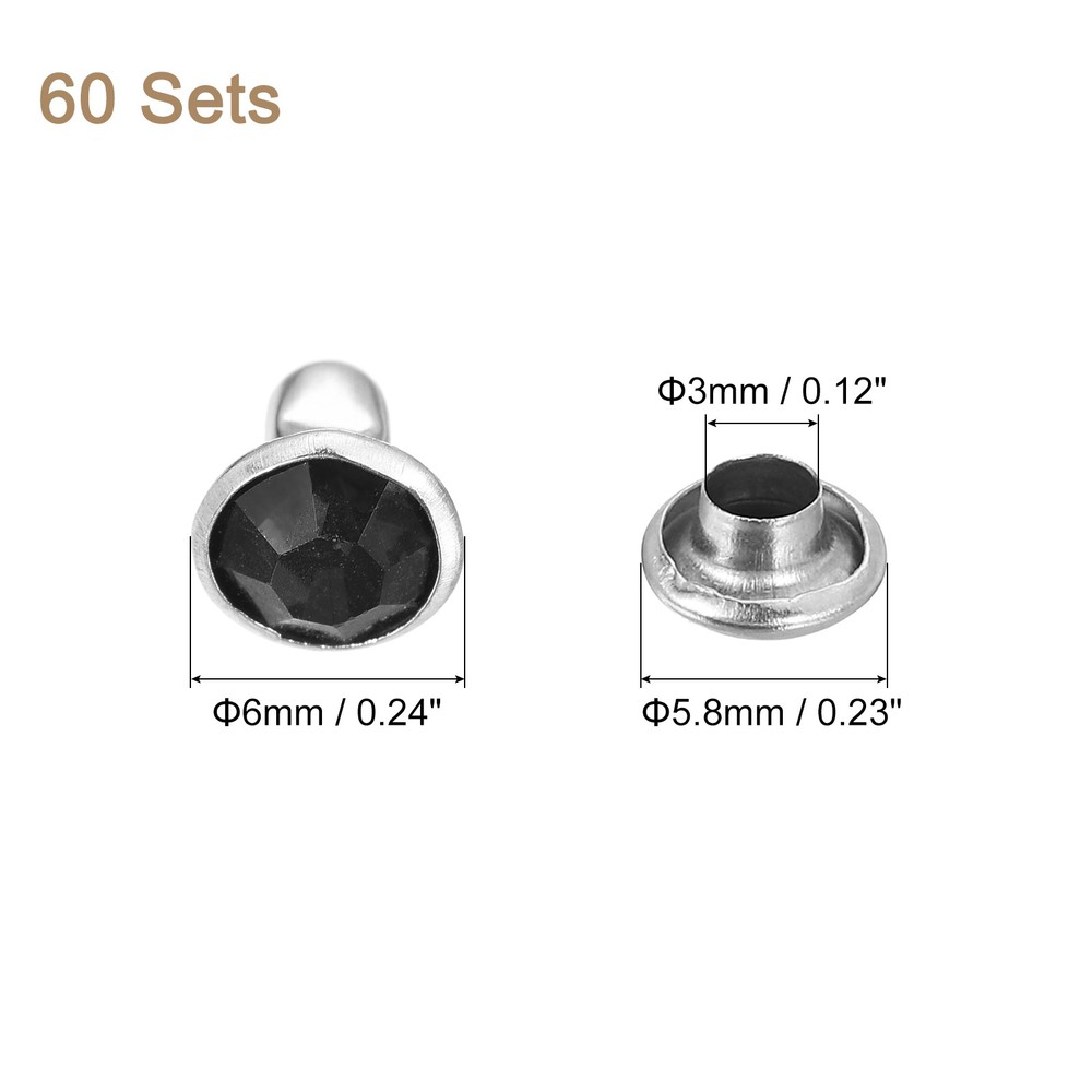 60 Sets Rhinestone Rivets, 6mm Crystal Rivets Leather Rivets, Black
