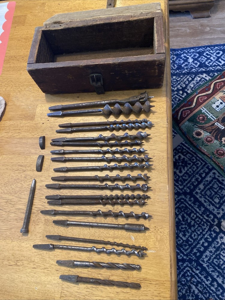 Assorted Vintage Bit Brace Hand Drill Auger Bits With Wood Box 19 Bits
