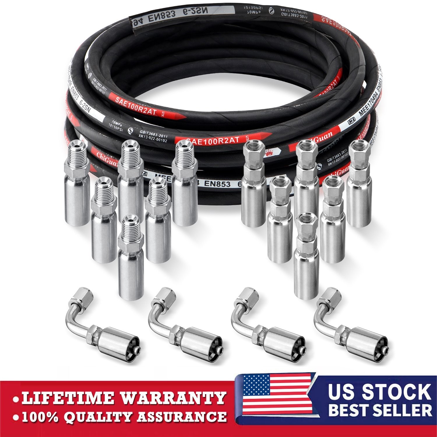 33FT 1/4" Hydraulic Hose w/ 16 Fittings (JIC Female & NPTF Male & JIC Female 90°