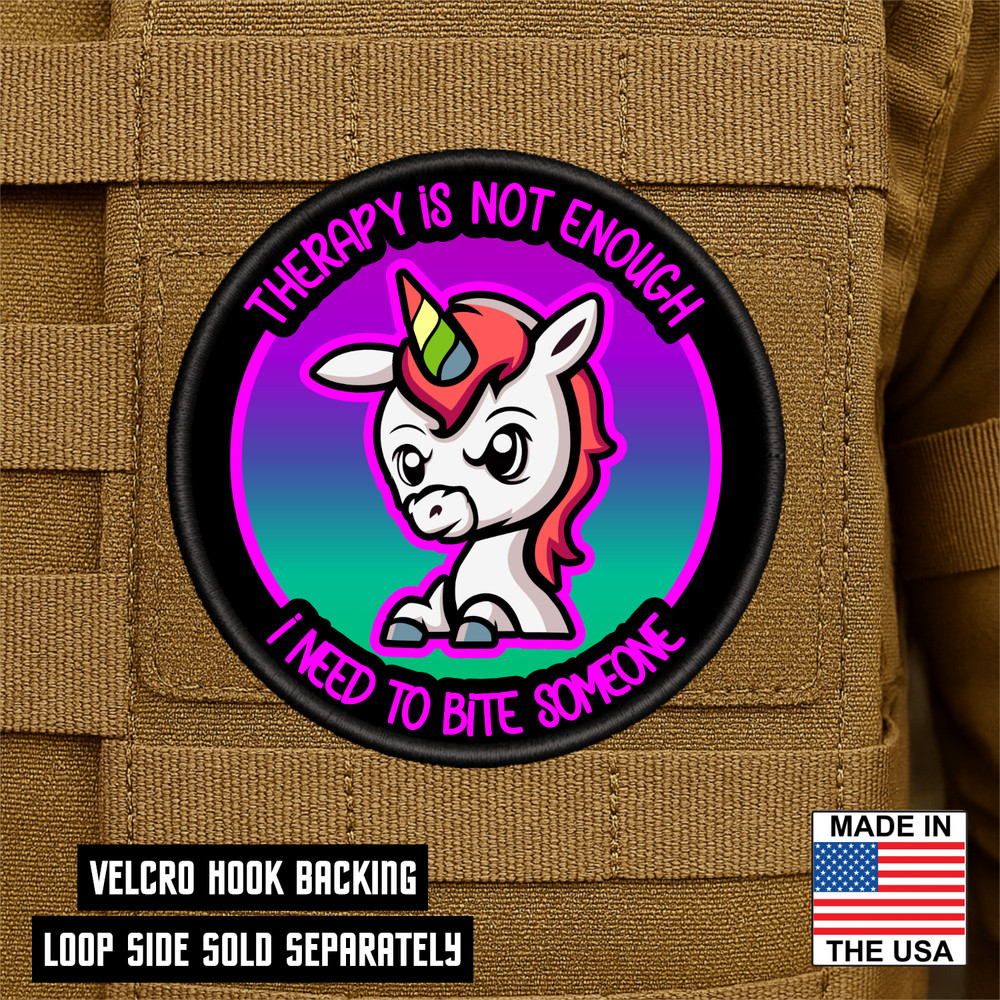Funny Therapy Unicorn Printed Morale Patch - 3 Inch Round, Hook & Loop Back