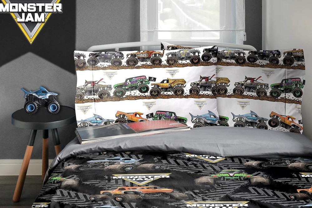 Monster Jam Tracks 4 Piece Twin Bed Set - Includes Comforter & Sheet Set - Be...