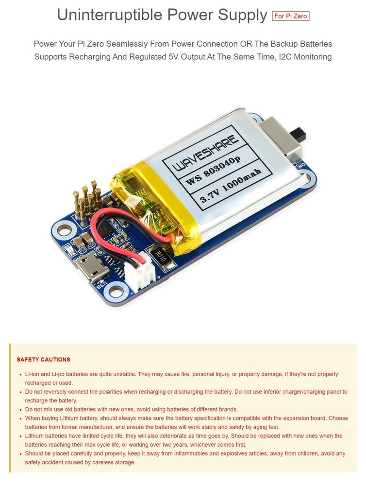 UPS HAT C for Raspberry Pi Zero, 5V Uninterruptible Power, Pogo Pin, Module