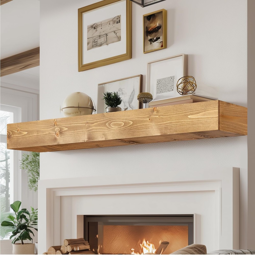 60x8x5 Fireplace Mantel - Handcrafted Rustic Solid Wood Wall Mounted Floating...