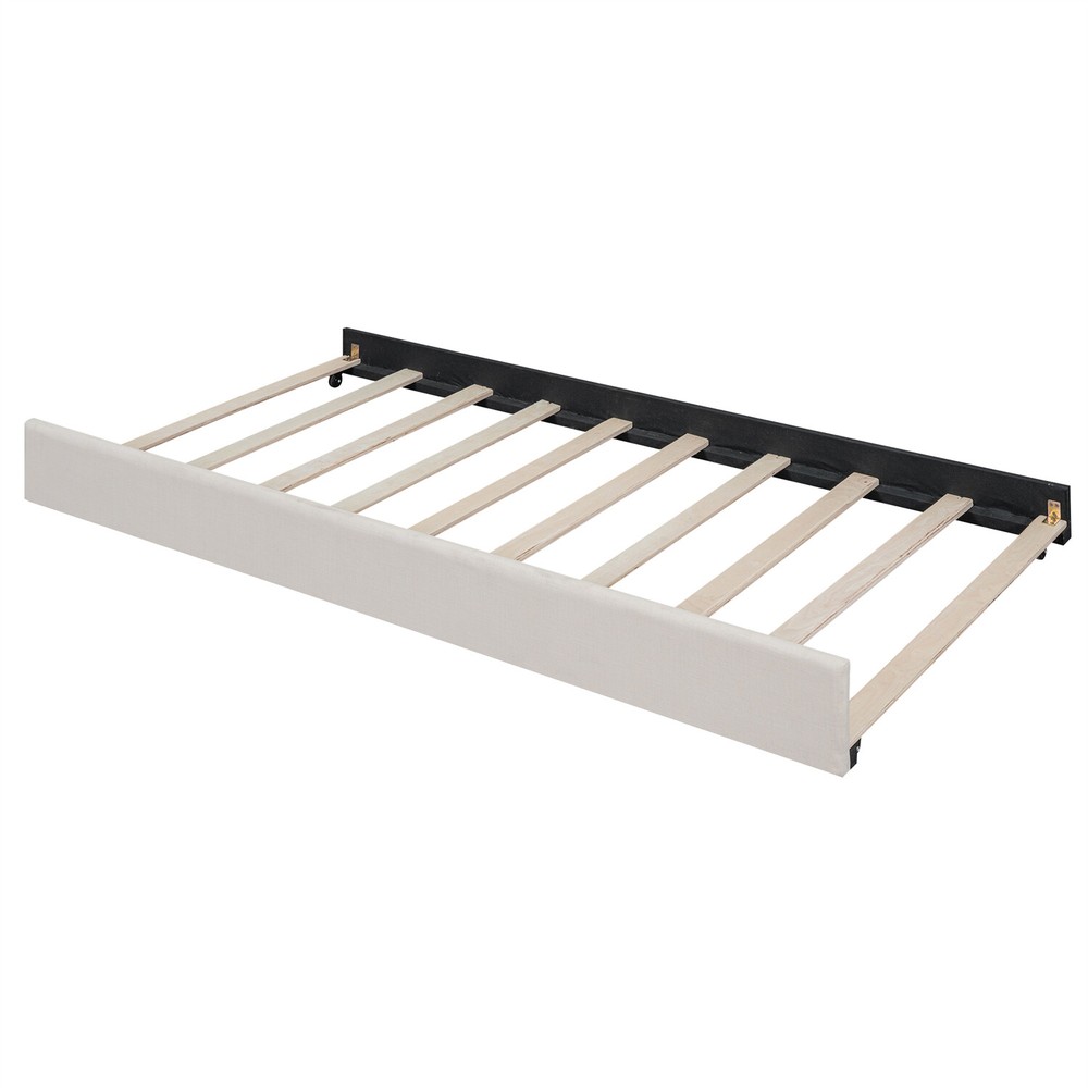 Full Size Daybed w/ Pull Out Trundle Bed Upholstered Bed Frame Sofa Bed Beige