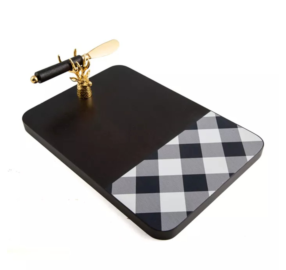 Thirstystone Deer Head Board Buffalo Plaid Foot Pattern Cheese Board w/ Spreader