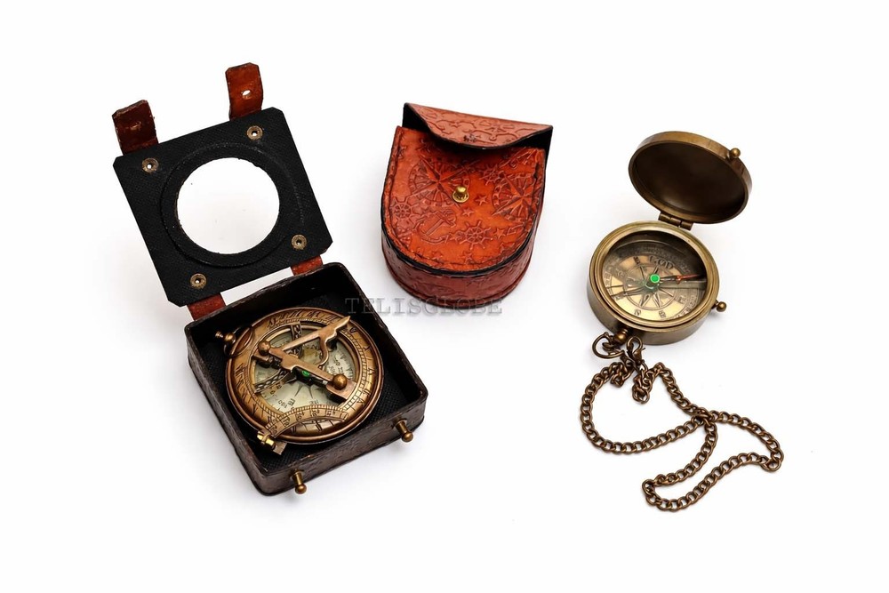 Vintage Brass Compass Set with Leather Case & Chain