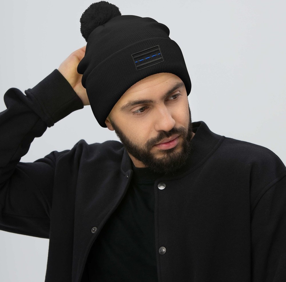 Chicago Flag Blue Line Patch Cuffed Pom Knit Hat Black