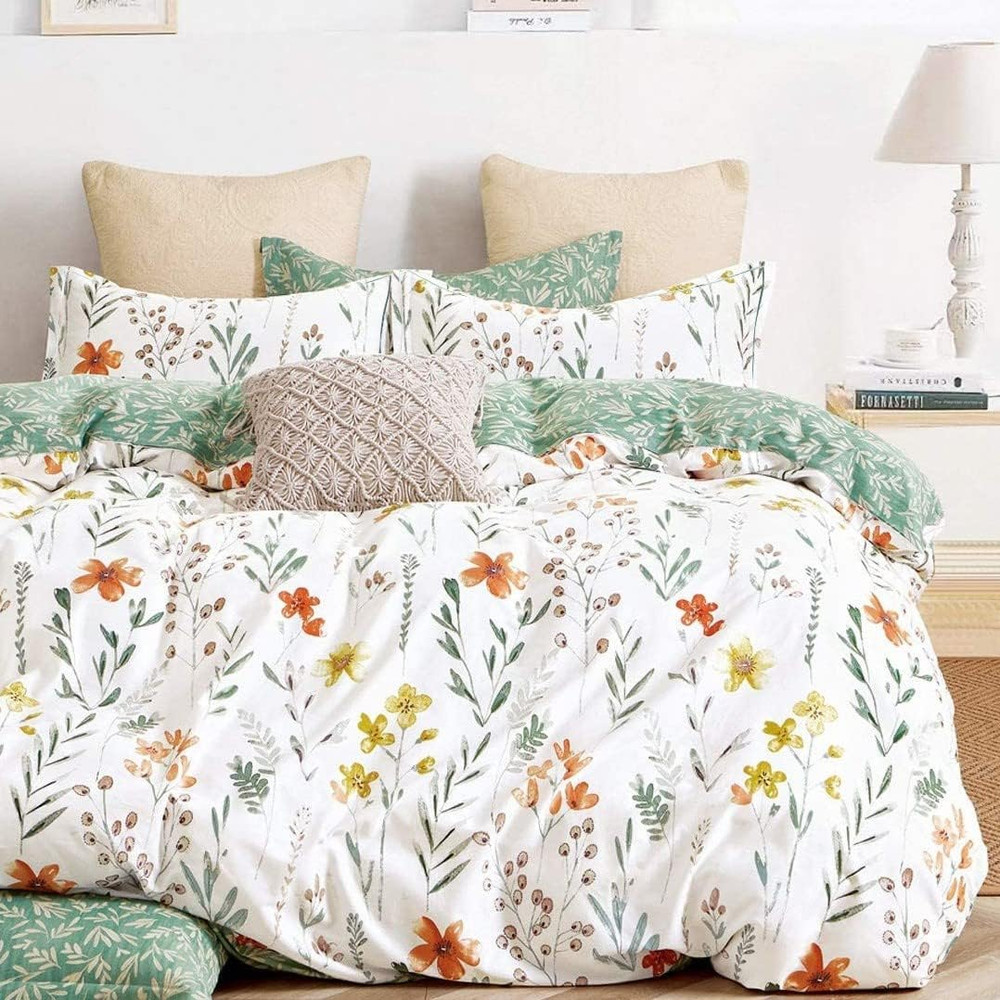 King Size Comforter Set Yellow Flowers & Green Botanical Pattern Printed on Whit