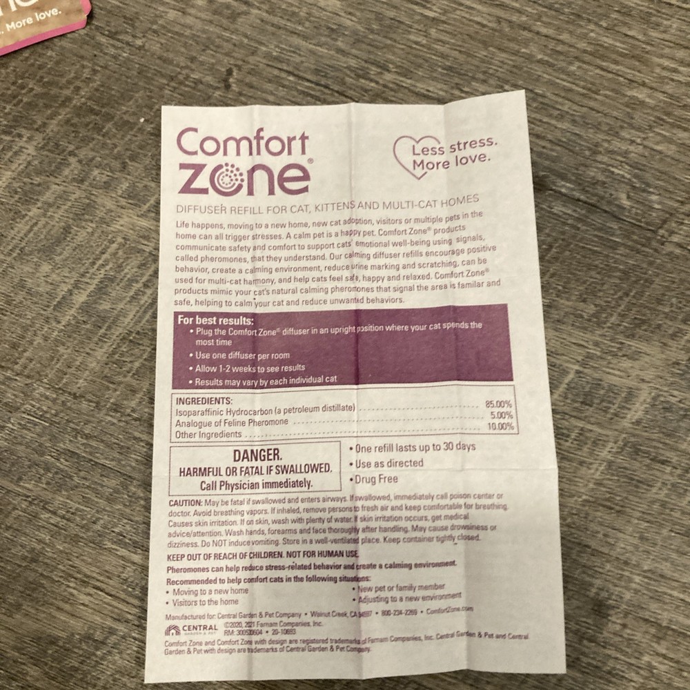 Comfort Zone Multi-Cat Calming 4 Refills New Open Box Pheromones Diffuser Cat