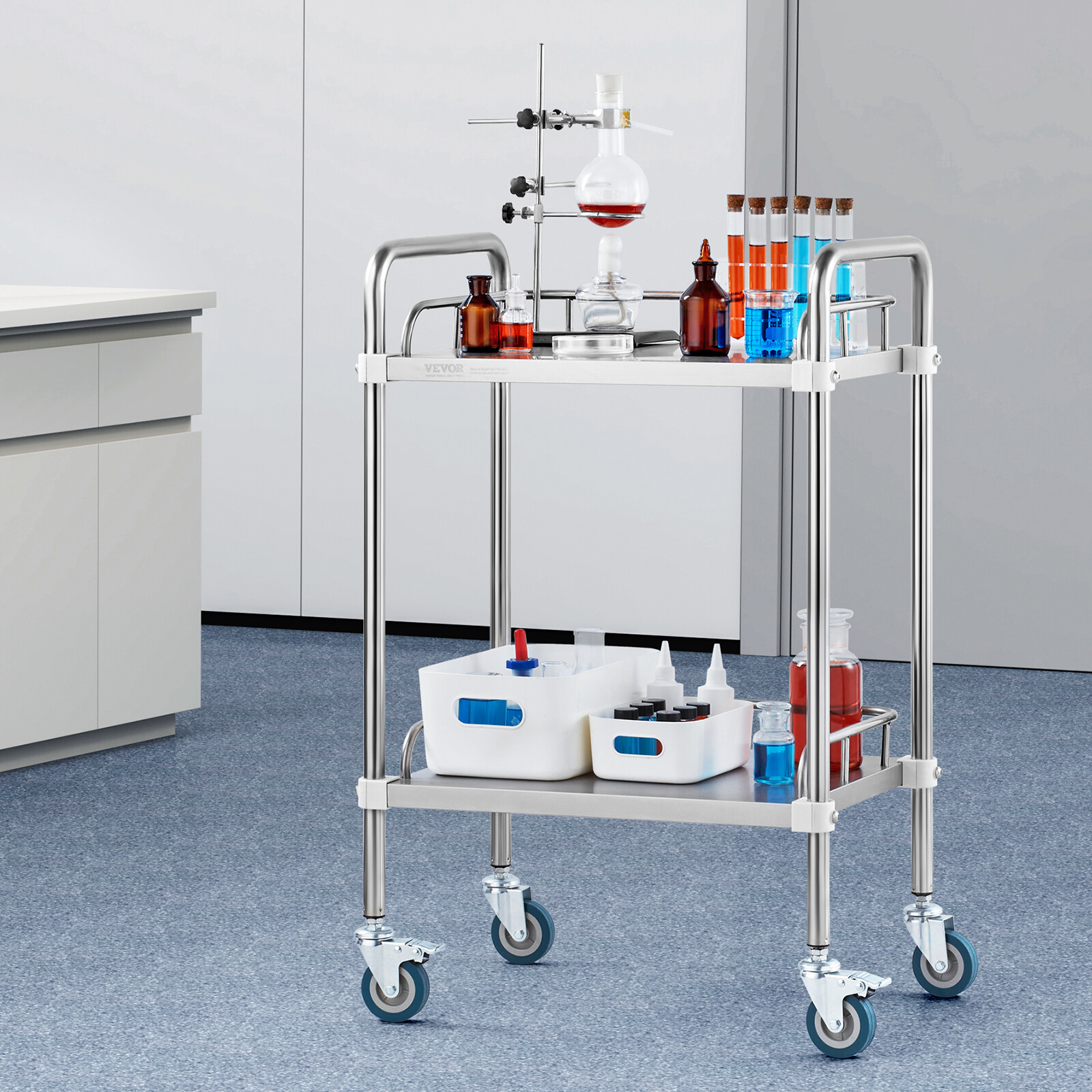 VEVOR Lab Rolling Cart 2-Layer Stainless Steel Medical Dental Lab Serving Cart