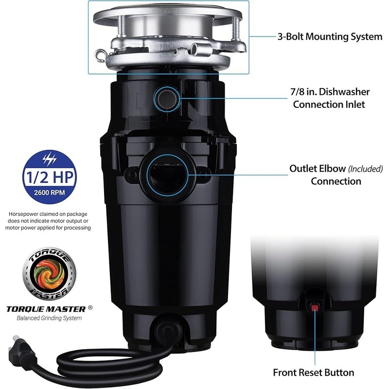 1/2 HP Compact Garbage Disposal Continuous Feed Torque Master Grinding System US
