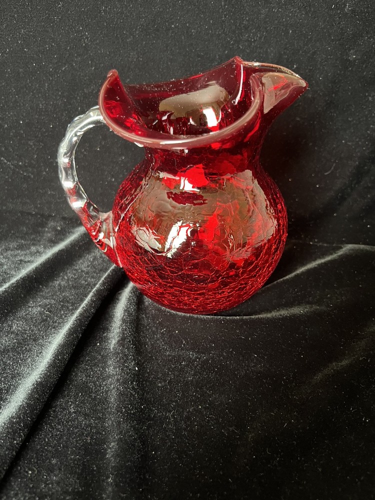 Hand Blown Rainbow Glass Ruby Red Crackle GlassPitcher w/Applied Clear Handle