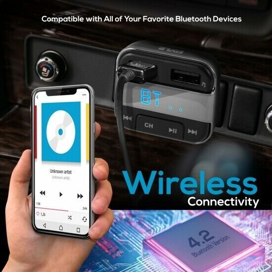 Pyle PBT91 Cigarette Lighter Bluetooth FM Radio Transmitter, Wireless Car Music