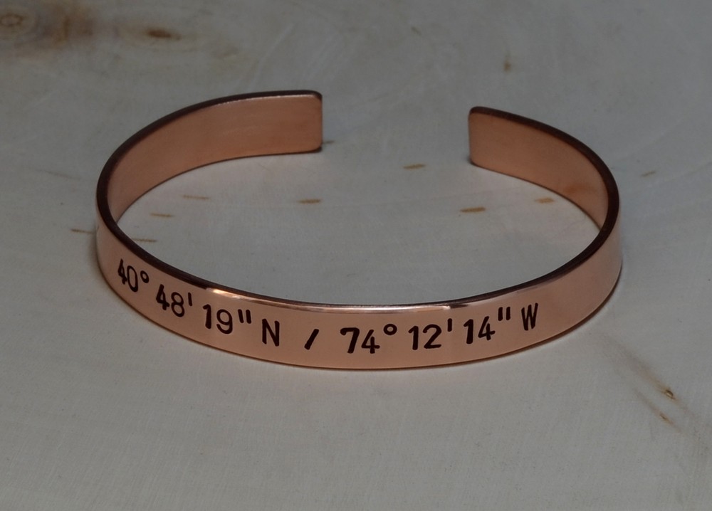 copper cuff bracelet with coordinates - 7th anniversary - copper anniversary