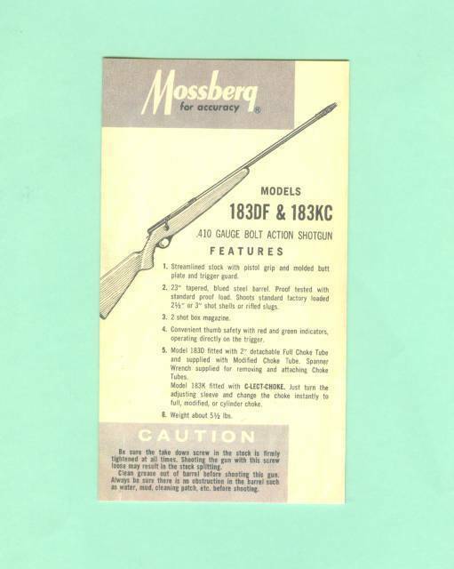 Mossberg Model 183DF & 183KC Instruction Manual Folder Reproduction