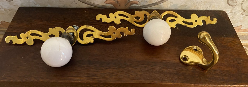 2 solid brass & white porcelain knob drawer pulls & single brass hook lot