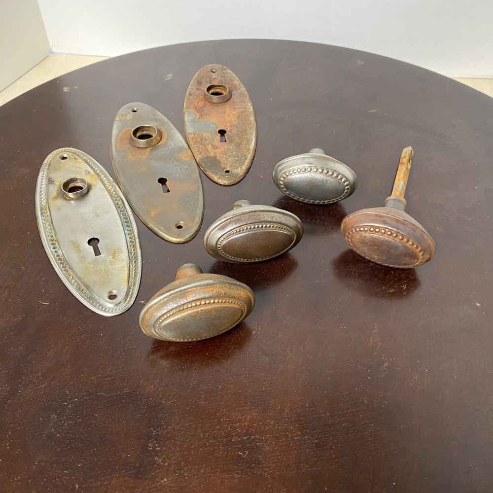 4 Vintage Oval Brass Or Bronze Plated Door Knobs • 3 Back Plates