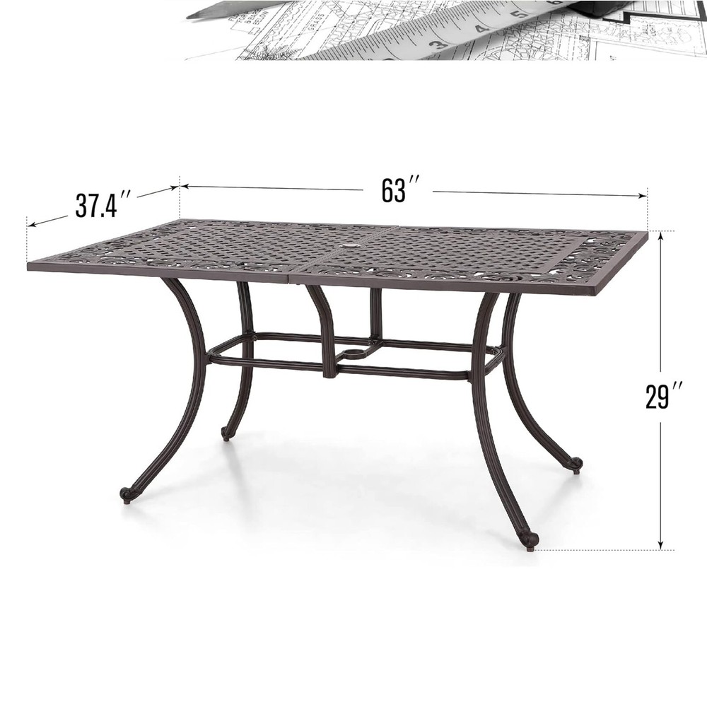 Patio Dining Table Cast Aluminum Outdoor Rectangular Table W/ Umbrella Hole