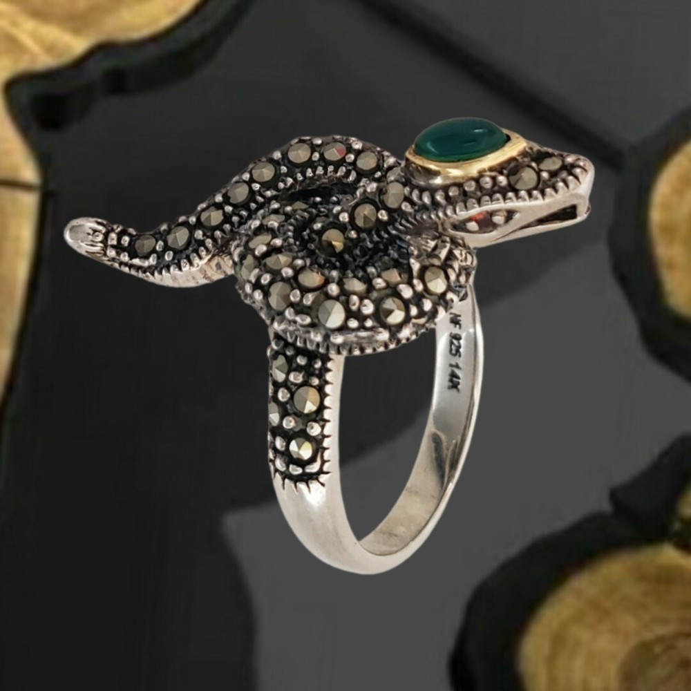 Haven Park Coiled Snake Ring 925 Silver 14KT Agate Size 6