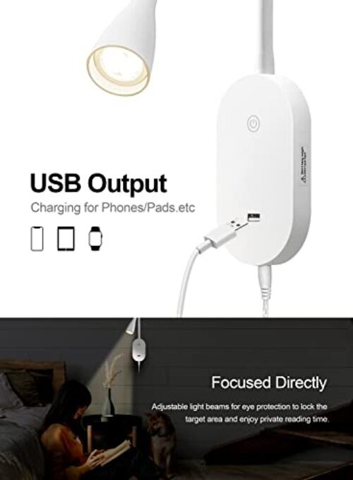 LED Wall Mount Reading Light for Bed, Reading Lamp with USB White-2 Pack