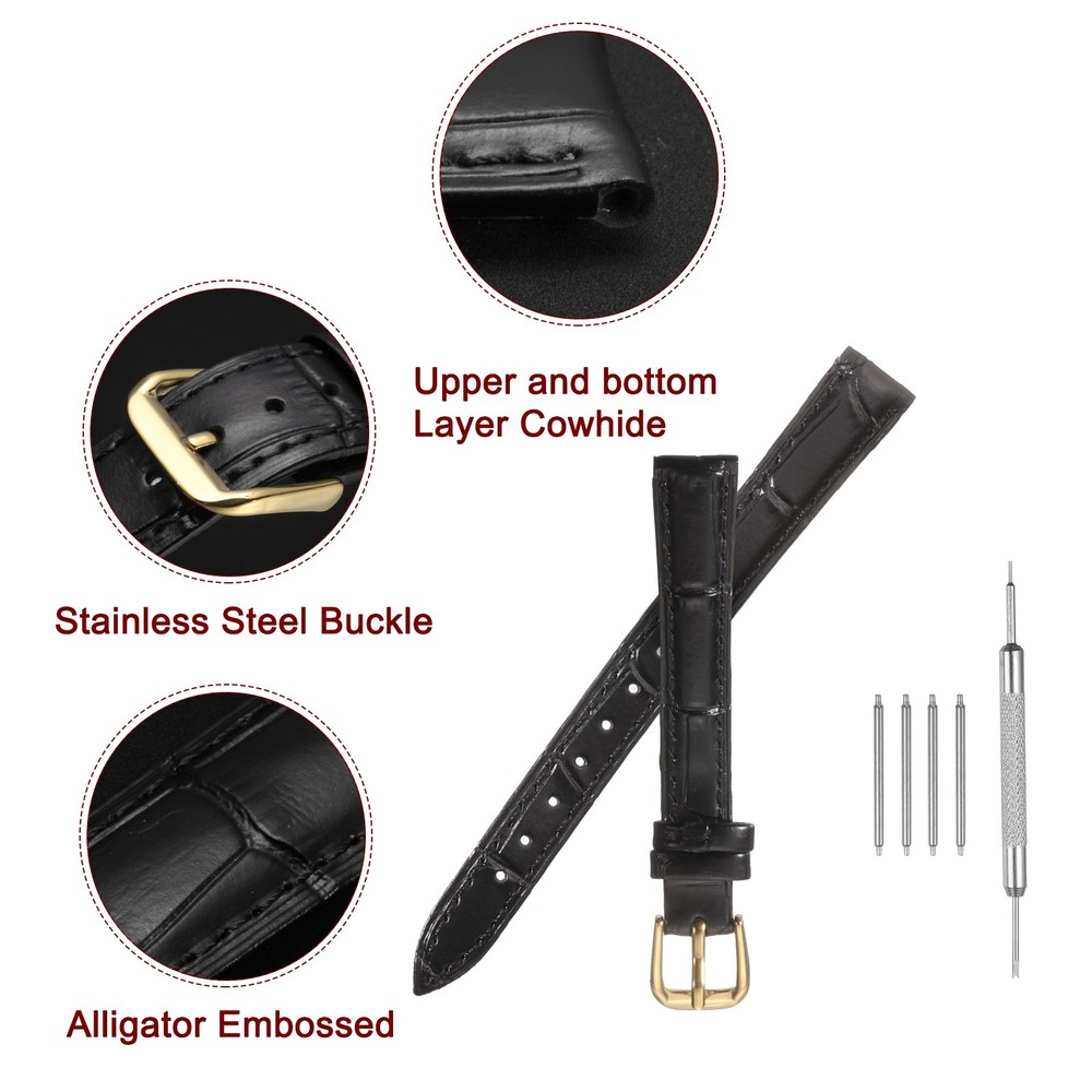 Leather Watch Bands 24mm Classical Embossed Replacement Strap Black Gold