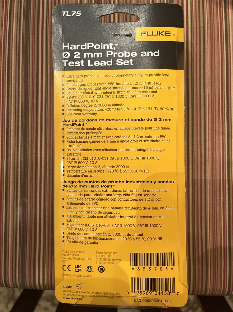 Genuine Fluke TL75 Hard Point 2mm Probe & Test Lead Set